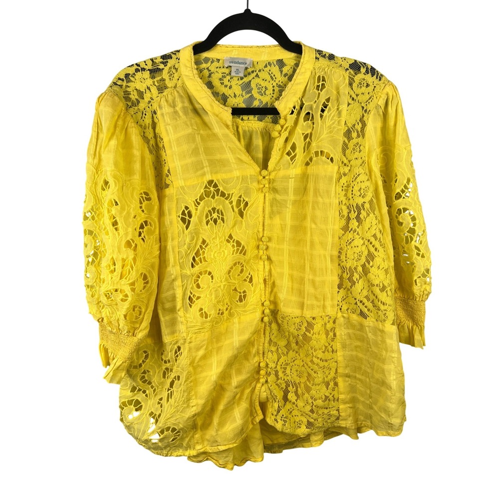 Sundance Garbo Yellow Eyelet Lace Blouse Top Size XL Spring Vibrant Bright Boho - Picture 2 of 8